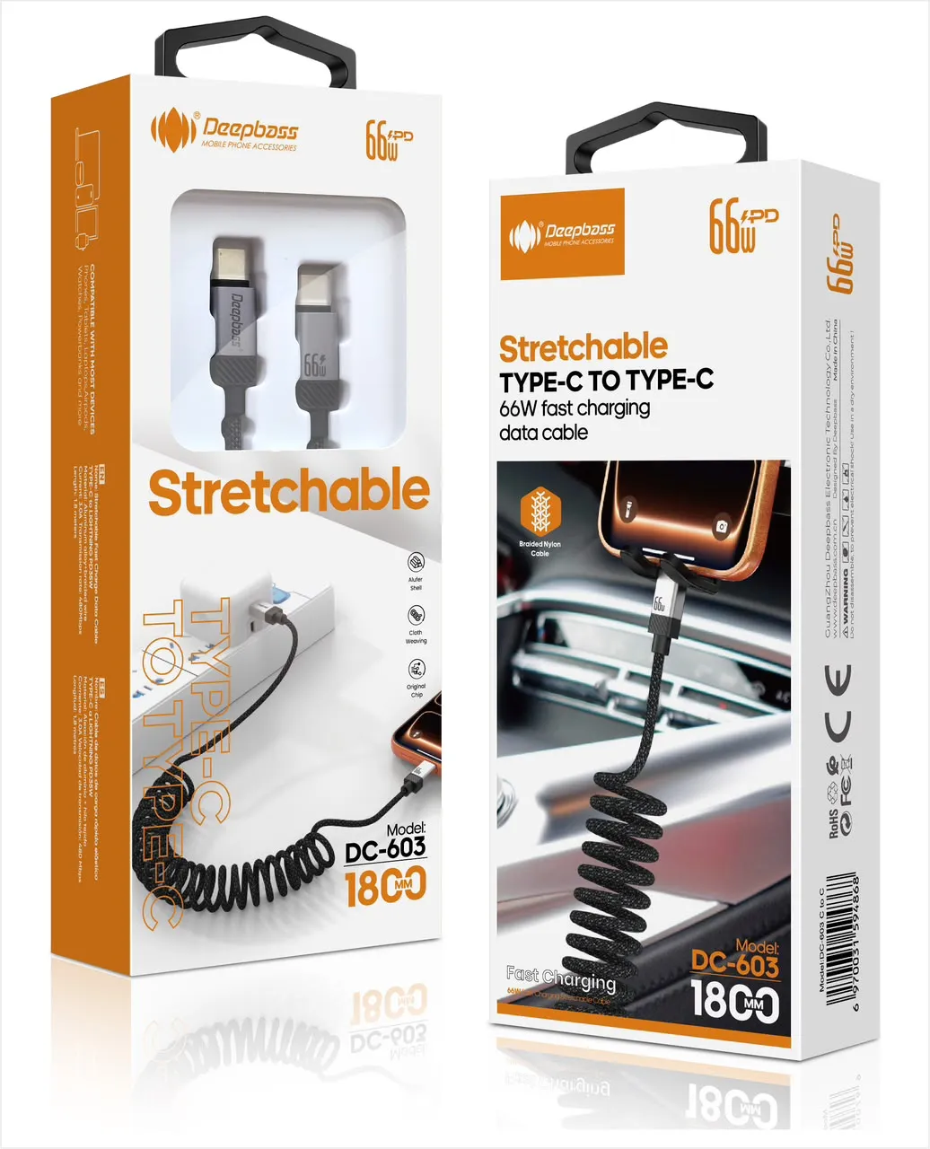 CABLE DC603 SPIRALE 65W TYPE C to TYPE C